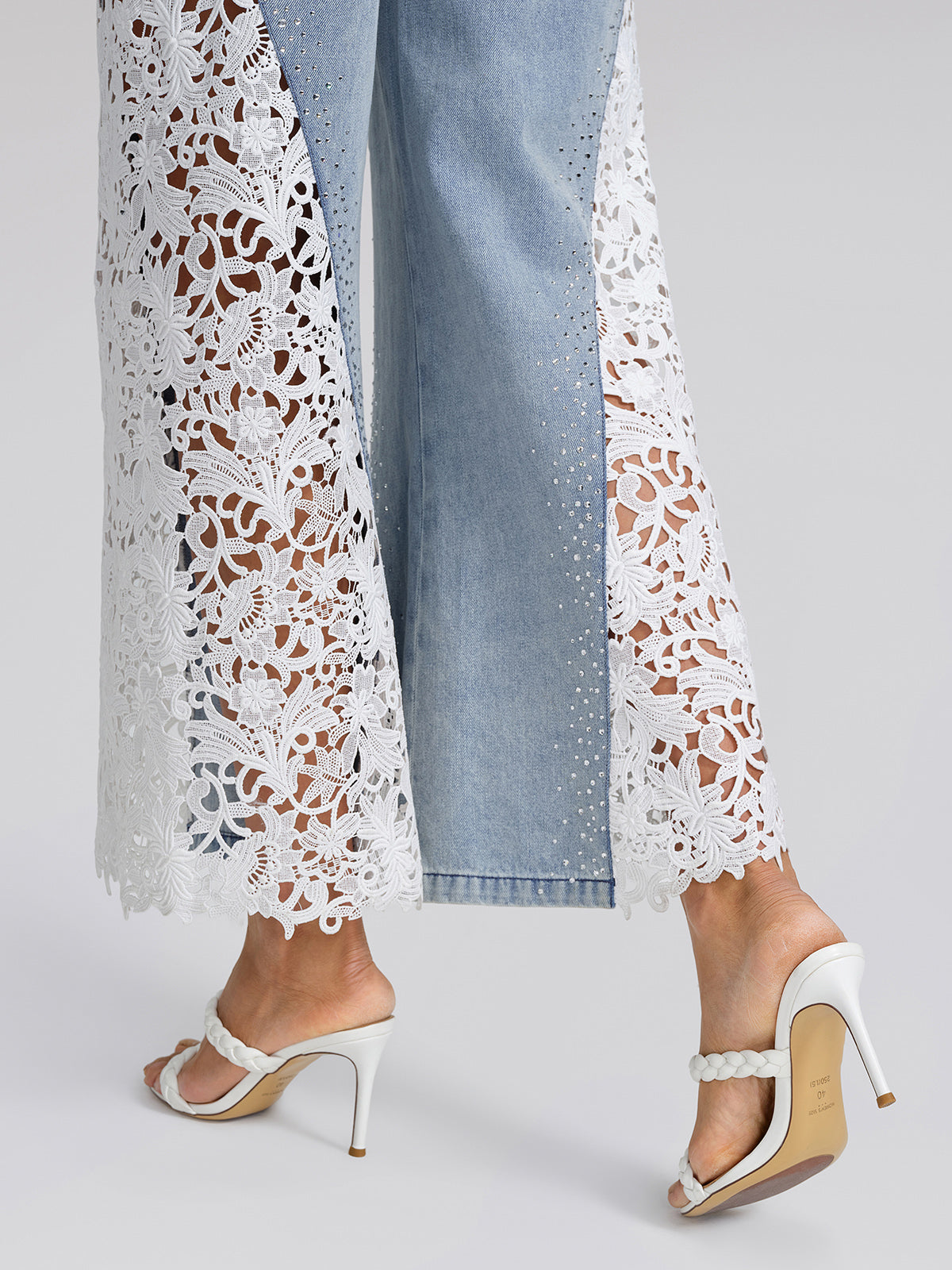 Washed Denim Lace Cutwork Rhinestone High-Waist Flared Pants