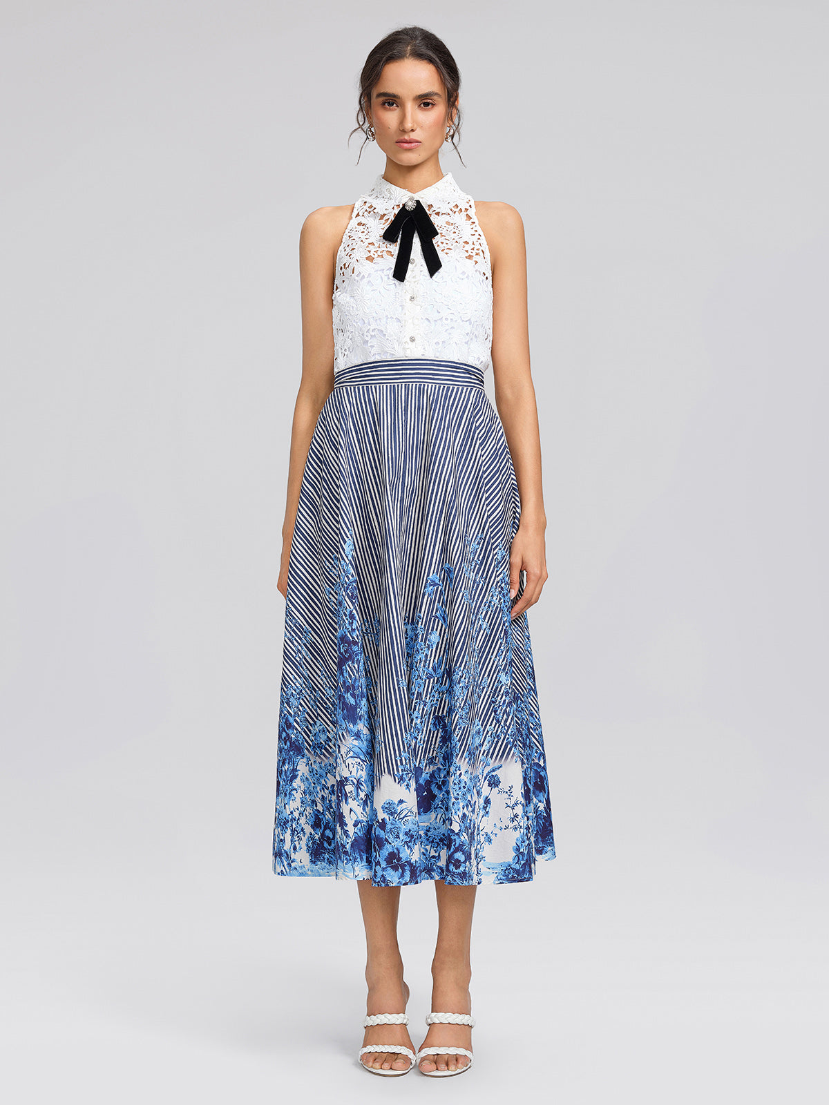 Cotton Stripe Floral Patchwork High-Waist Flare Skirt