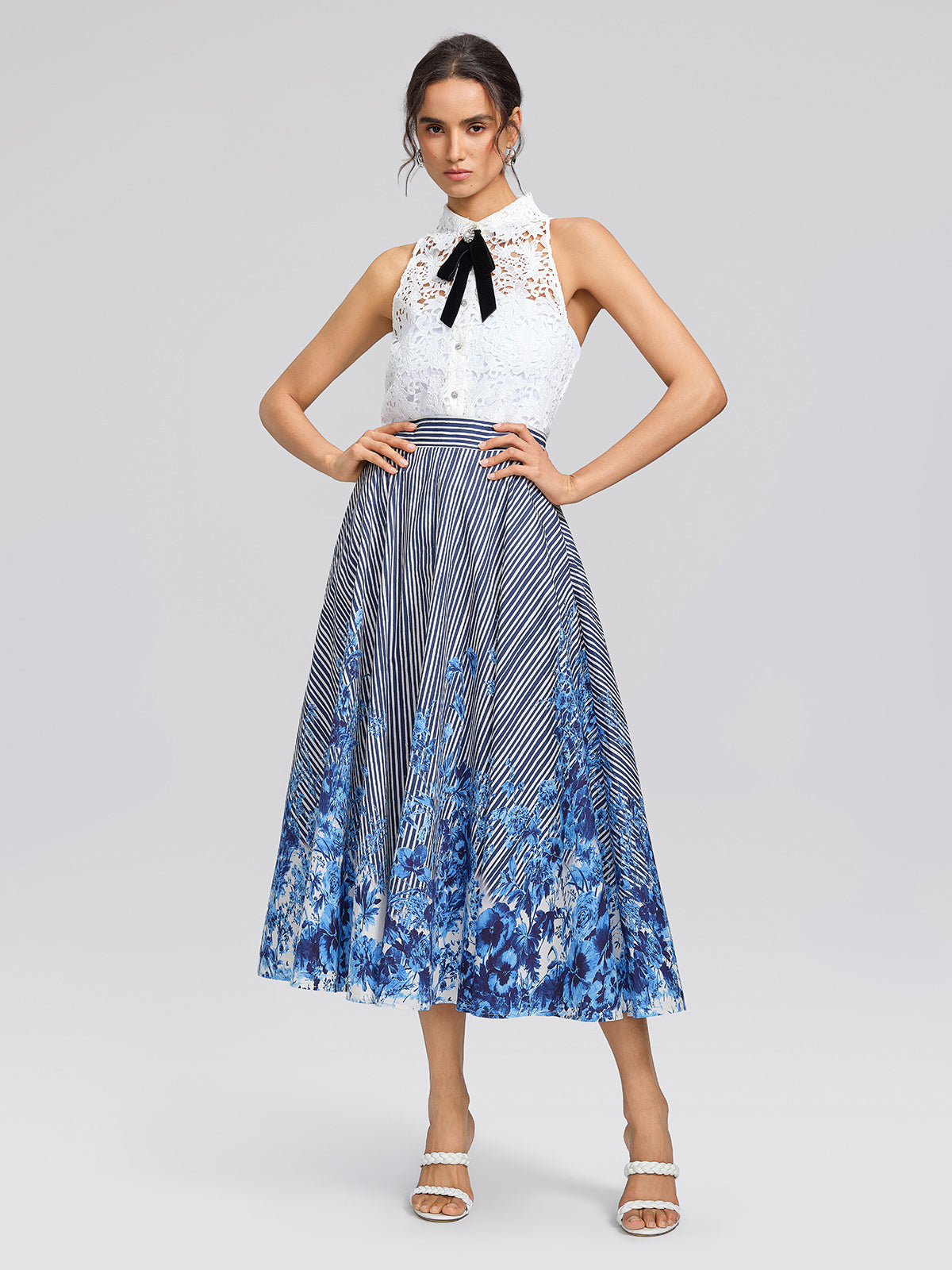 Cotton Stripe Floral Patchwork High-Waist Flare Skirt