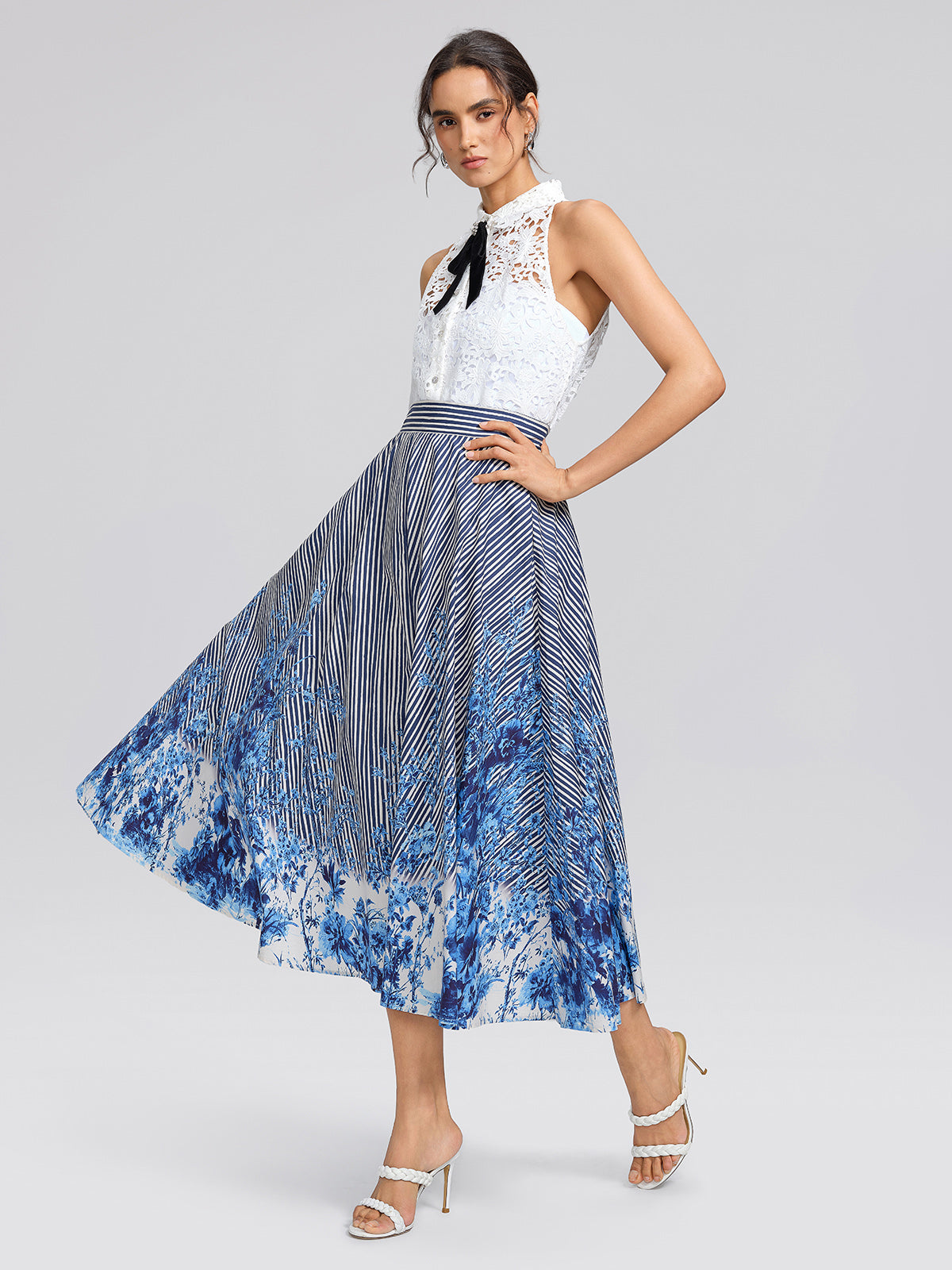 Cotton Stripe Floral Patchwork High-Waist Flare Skirt