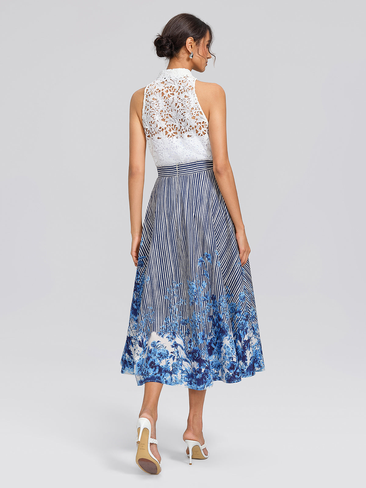 Cotton Stripe Floral Patchwork High-Waist Flare Skirt