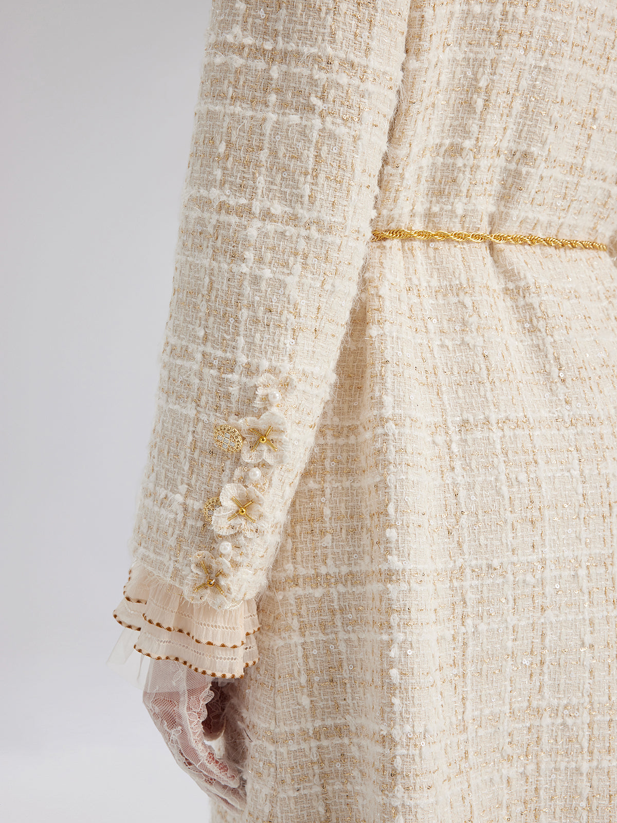 Two-Tone Check Tweed Hand-Beaded Floral Coat