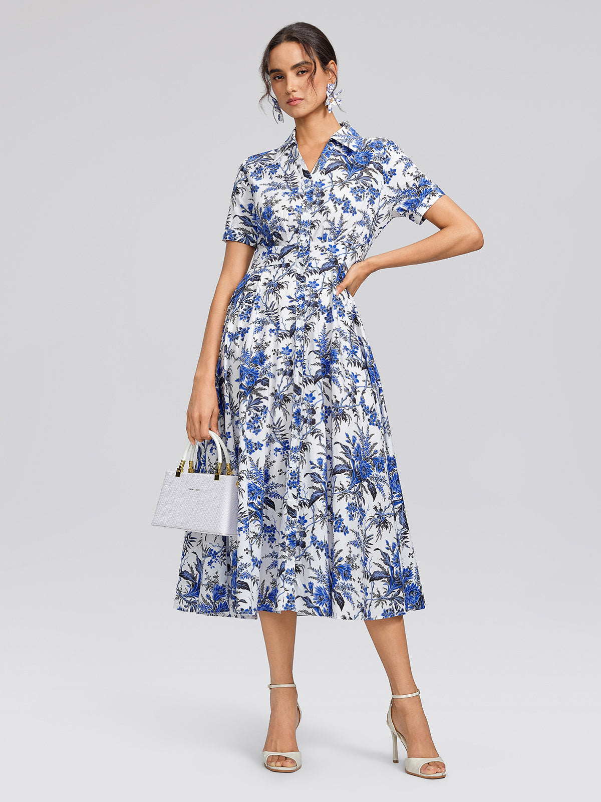 100% Cotton Collared High-Waisted Print Dress