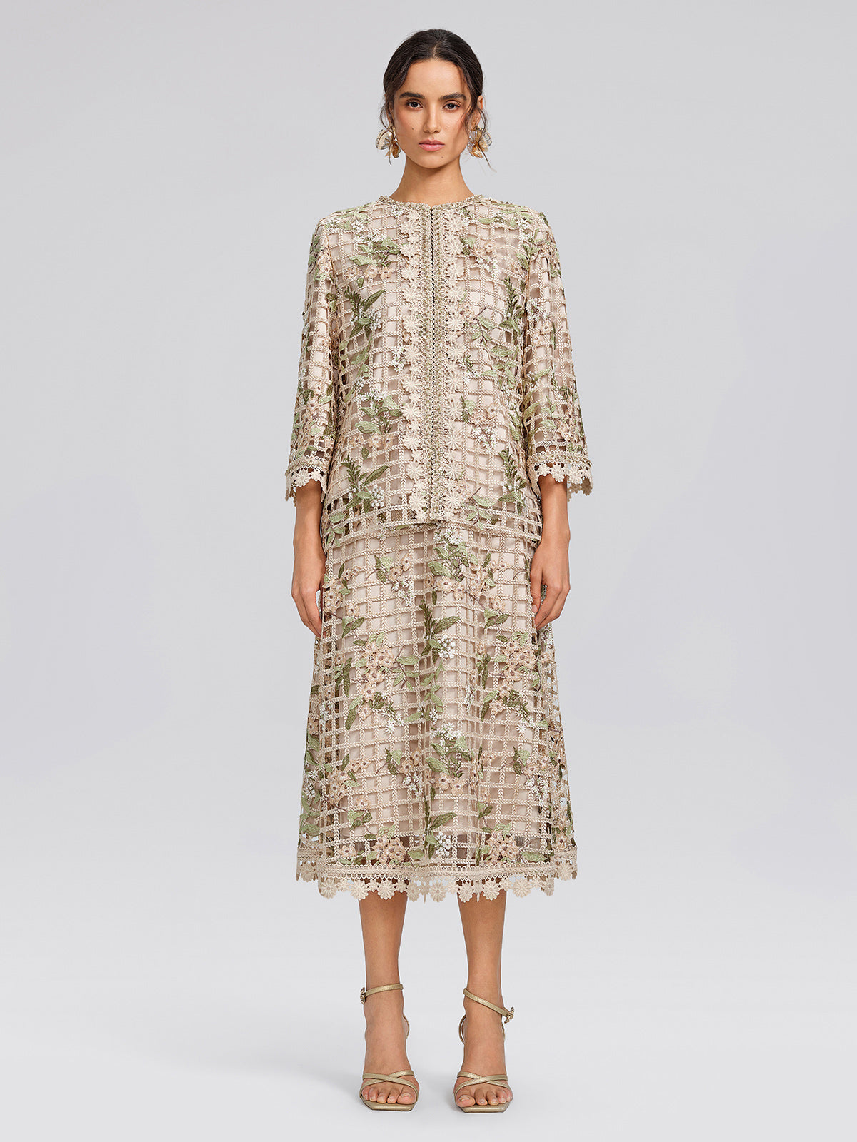 Grid Lace Floral Applique Skirt