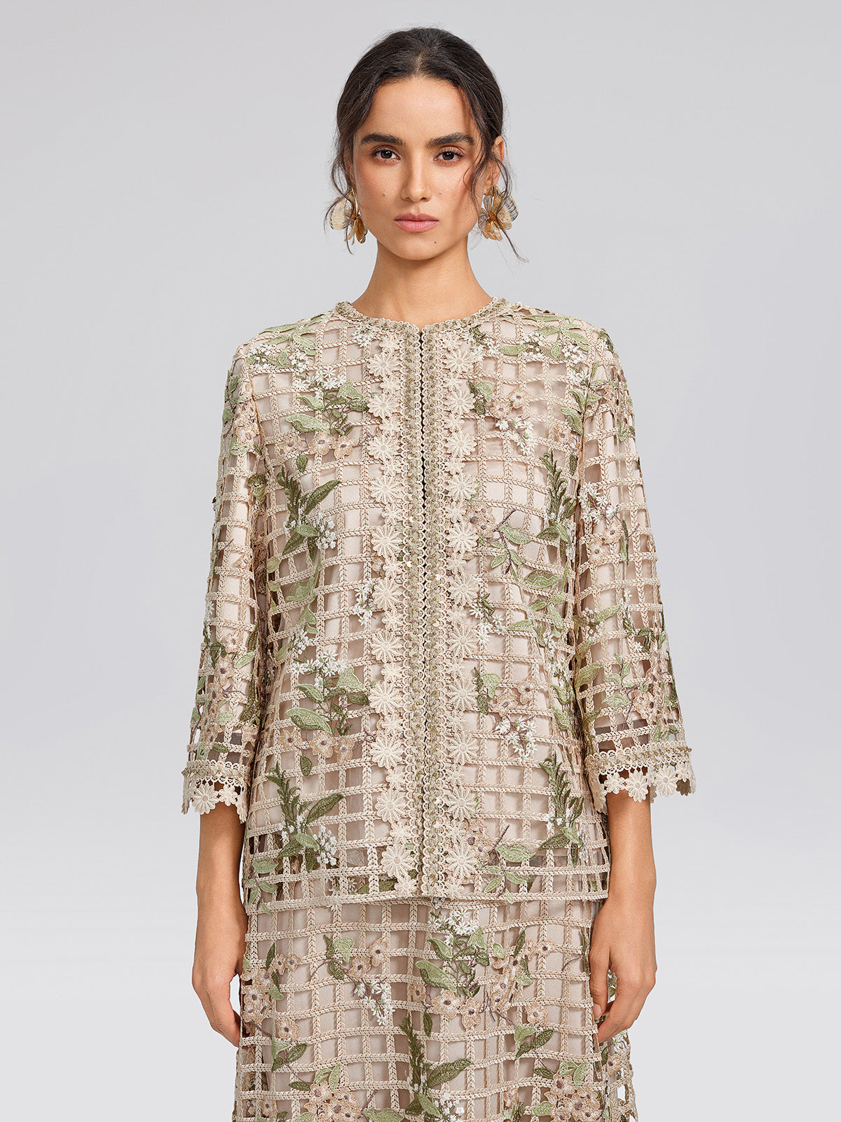 Grid Lace Floral Applique Jacket