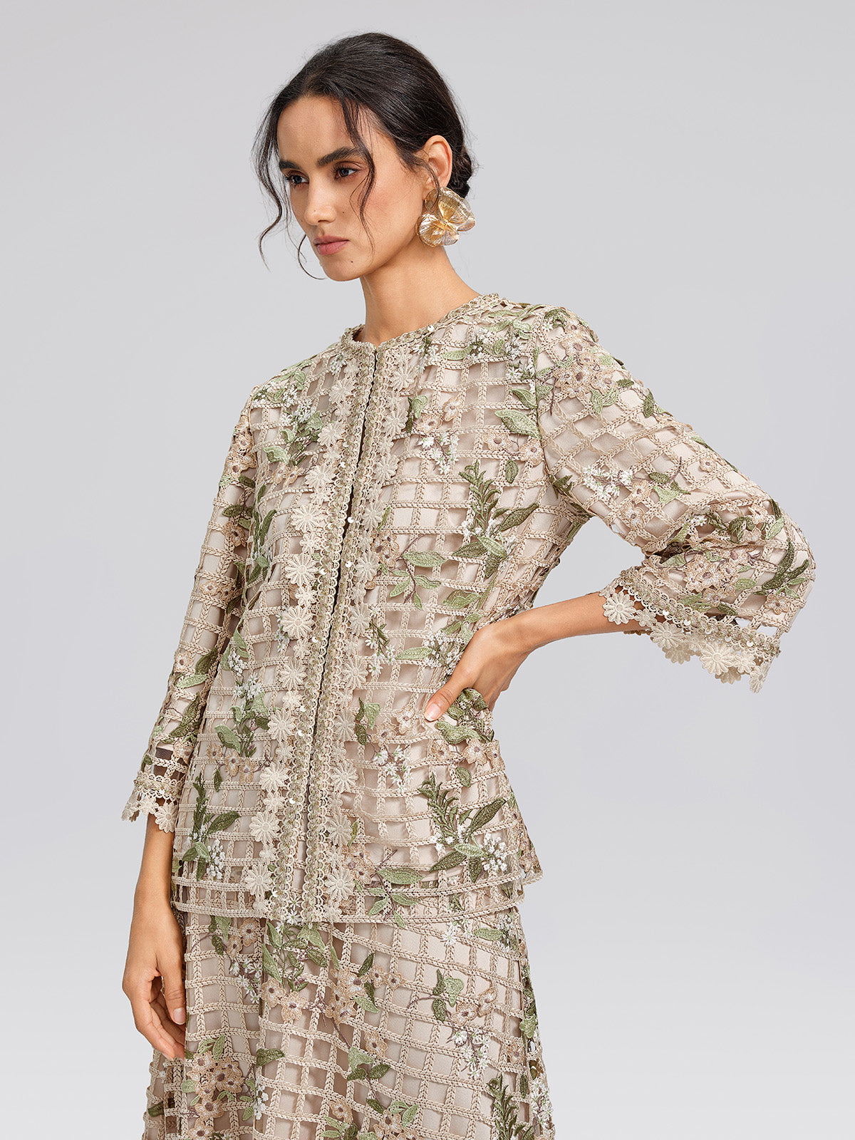 Grid Lace Floral Applique Jacket