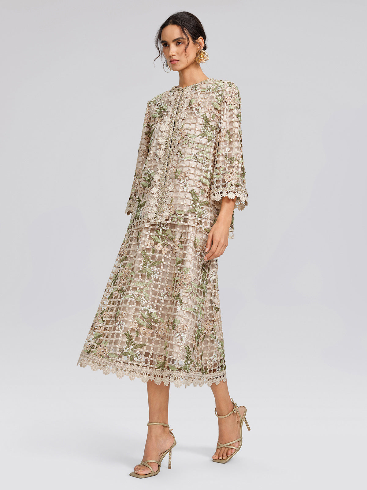 Grid Lace Floral Applique Jacket