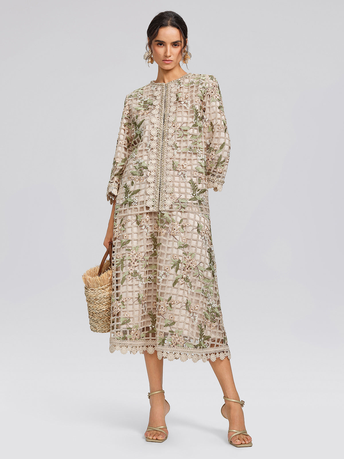 Grid Lace Floral Applique Skirt