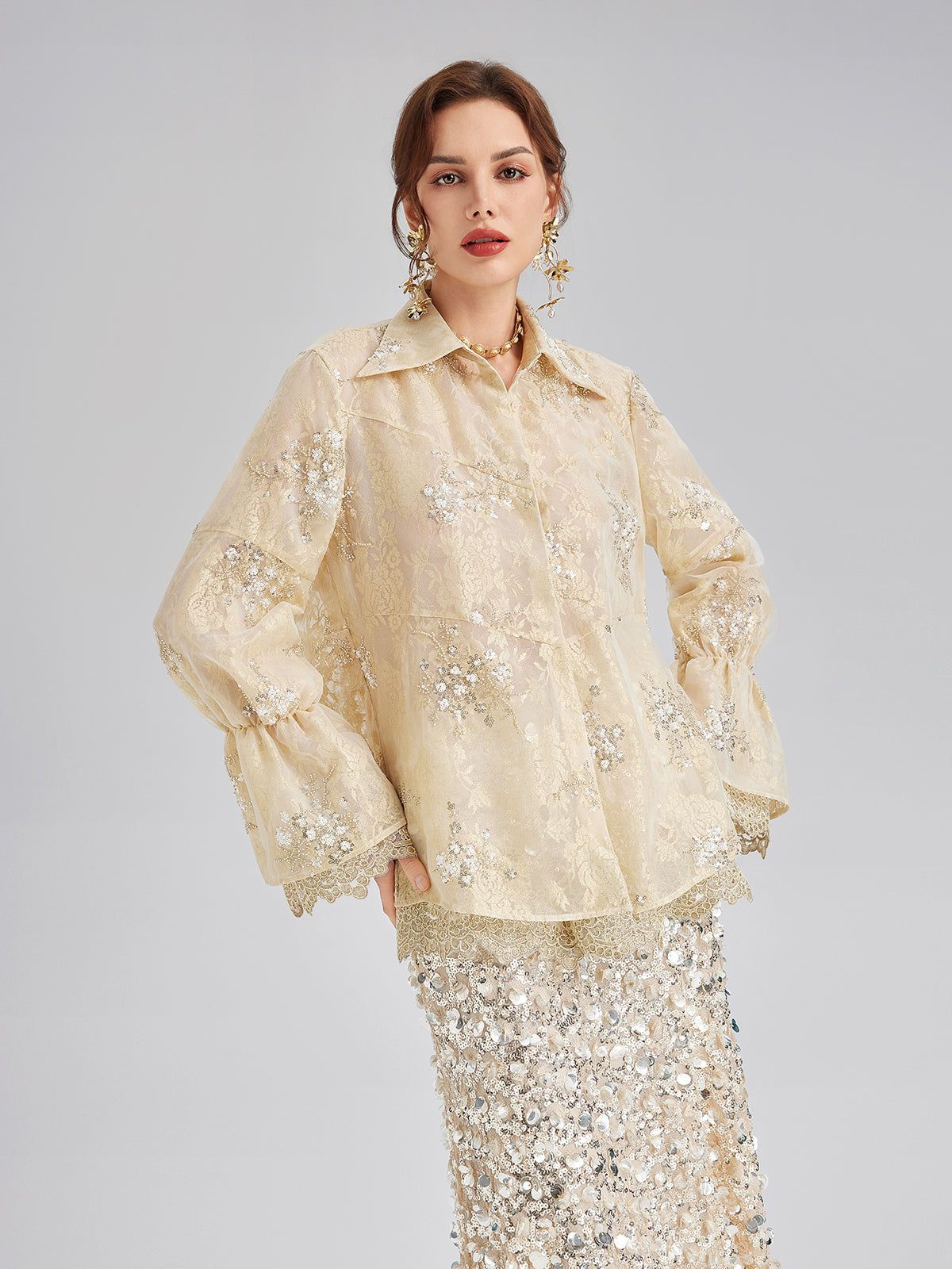 Final Sale | Sequin Bead Embroidered Organza Blouse