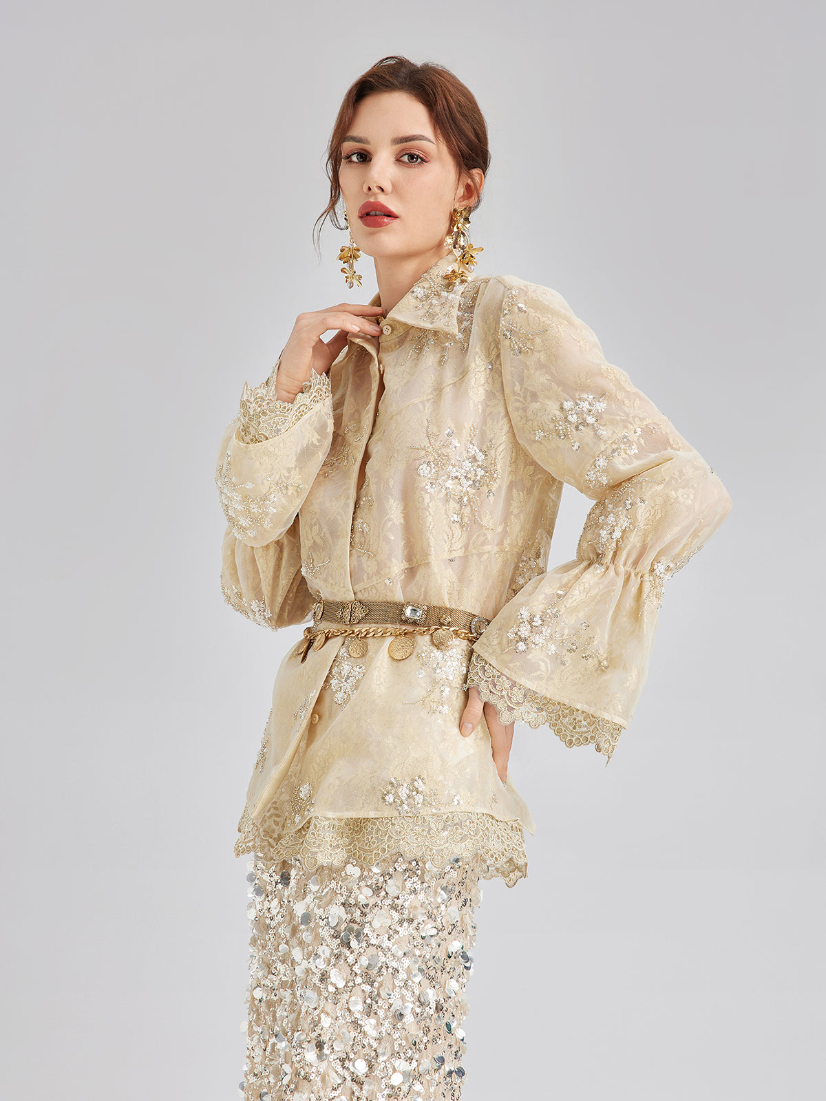 Final Sale | Sequin Bead Embroidered Organza Blouse