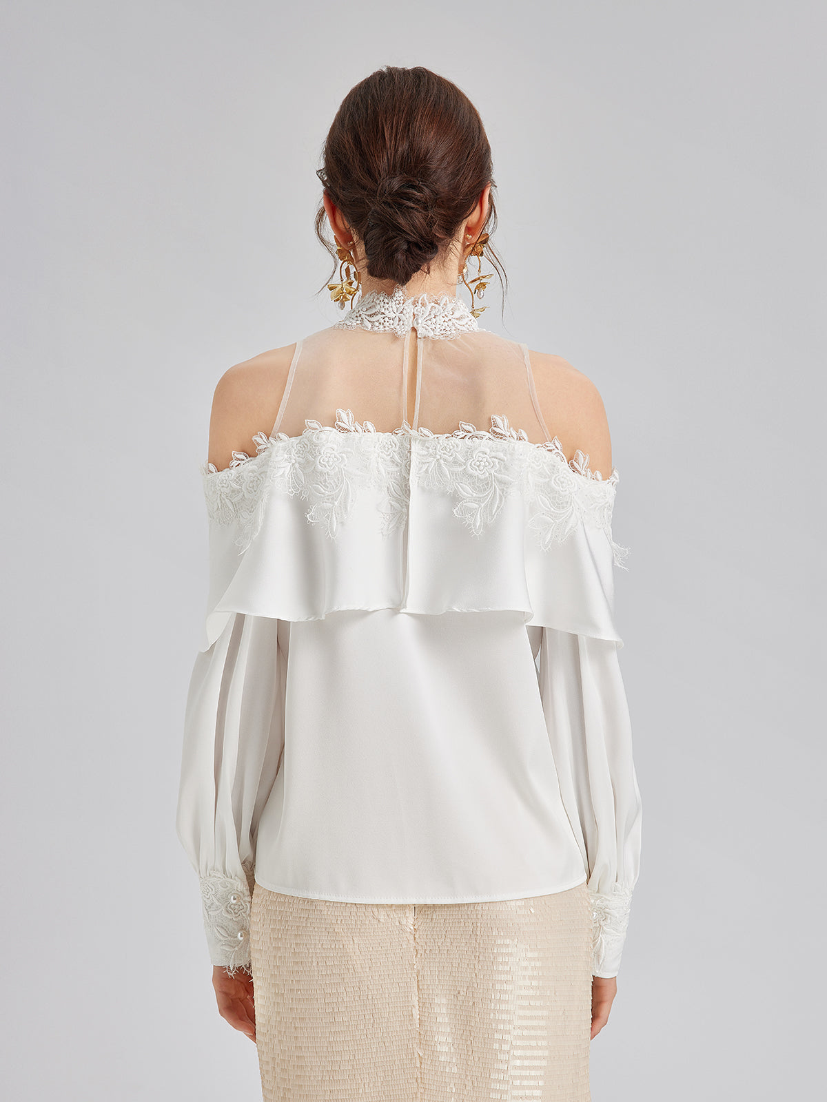 Off-Shoulder Ruffle Lace Mesh Top