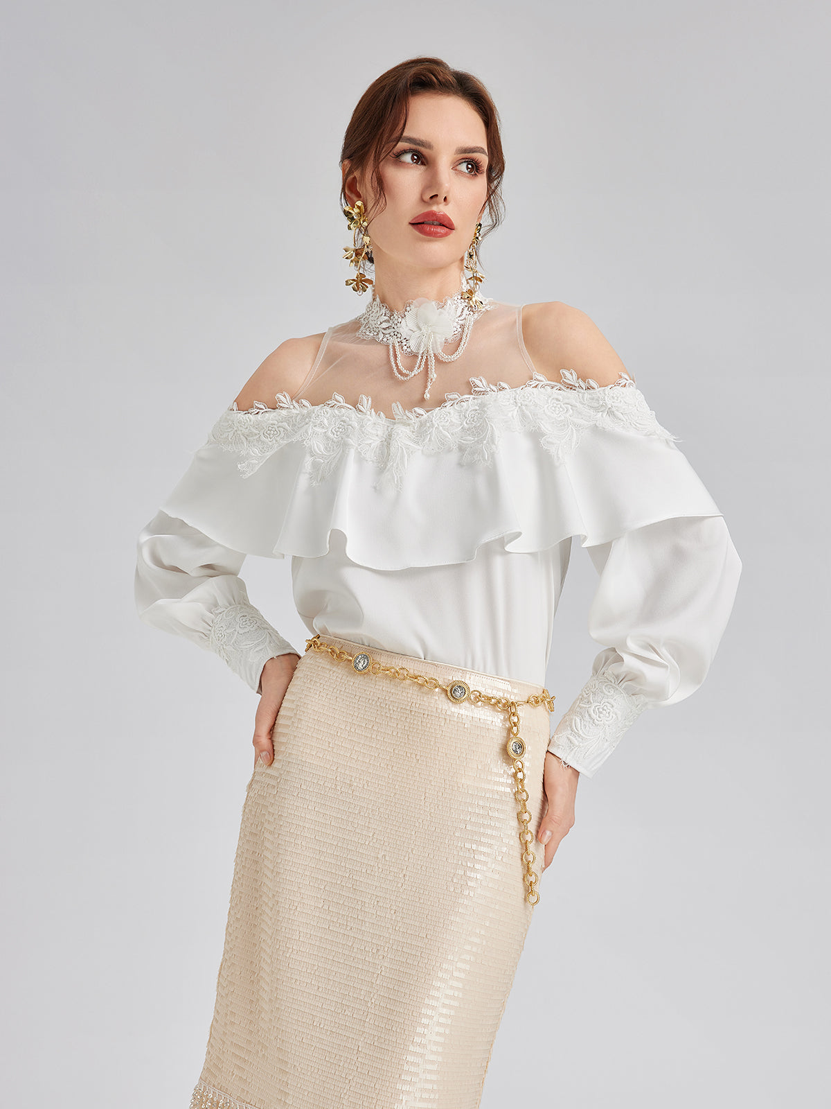 Final Sale | Off-Shoulder Ruffle Lace Mesh Top