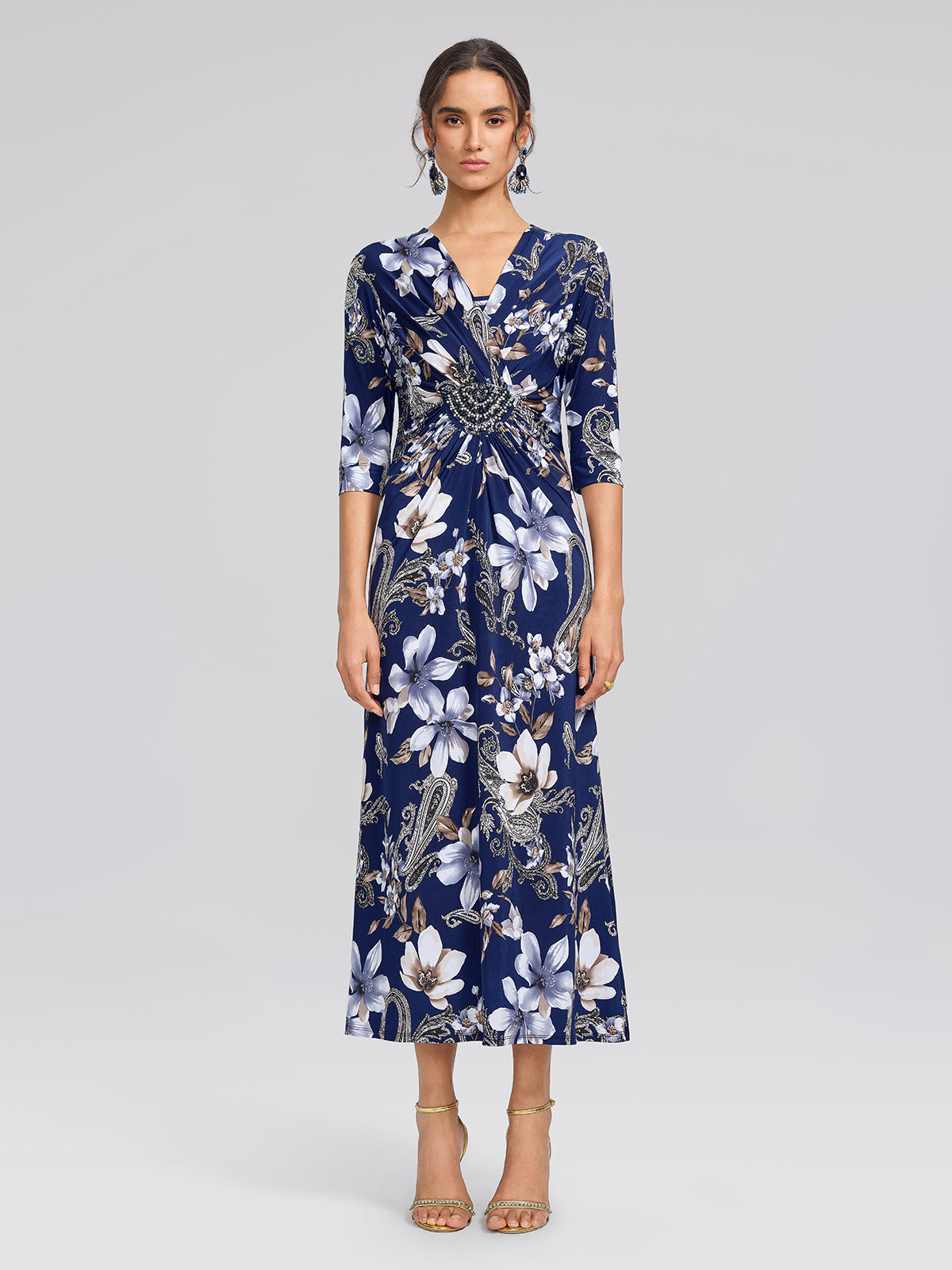 Ice-Silk Knit Beaded-Waist Floral Paisley Dress