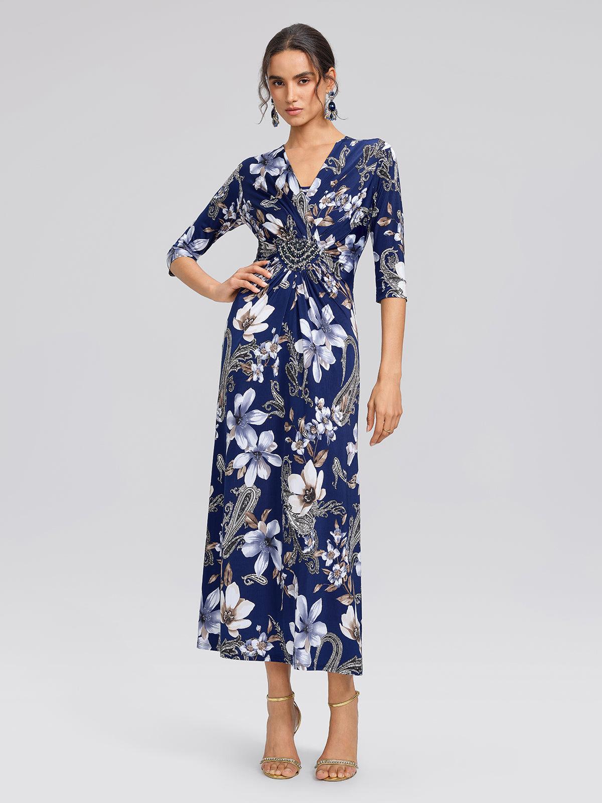 Ice-Silk Knit Beaded-Waist Floral Paisley Elegant Maxi Dress, Floral BLUE / L