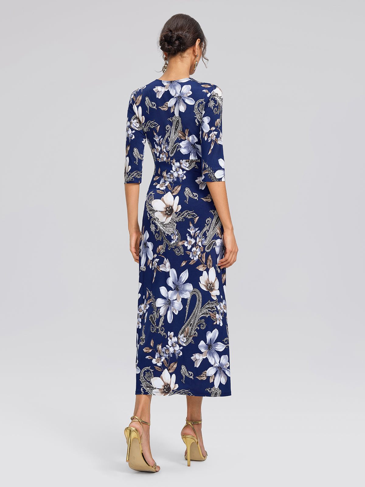 Ice-Silk Knit Beaded-Waist Floral Paisley Dress
