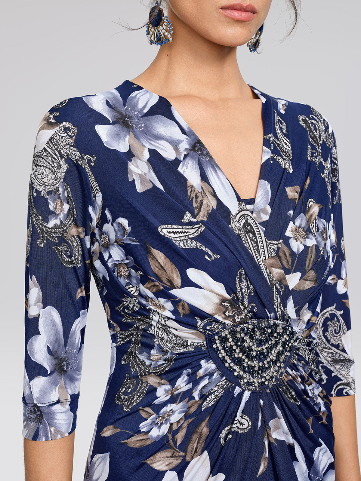 Ice-Silk Knit Beaded-Waist Floral Paisley Dress