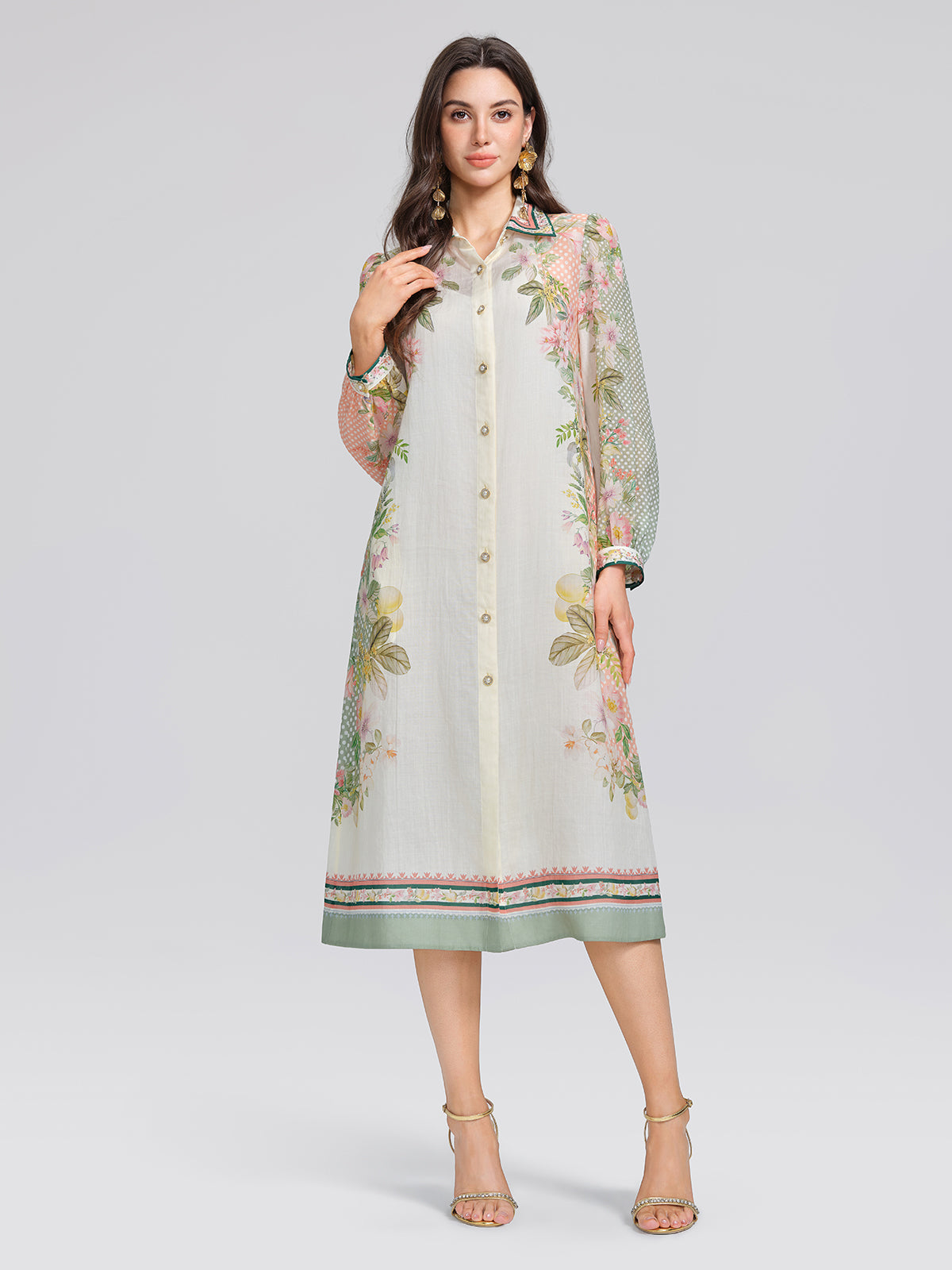Ramie Floral Polka Dot Patchwork Lapel Button Shirt Dress