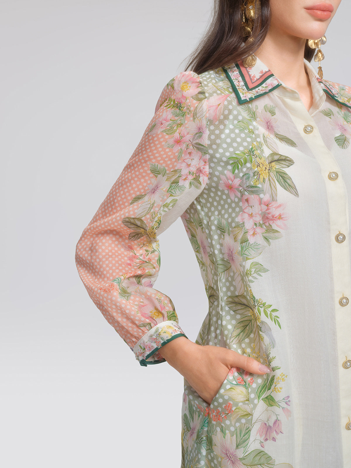 Ramie Floral Polka Dot Patchwork Lapel Button Shirt Dress