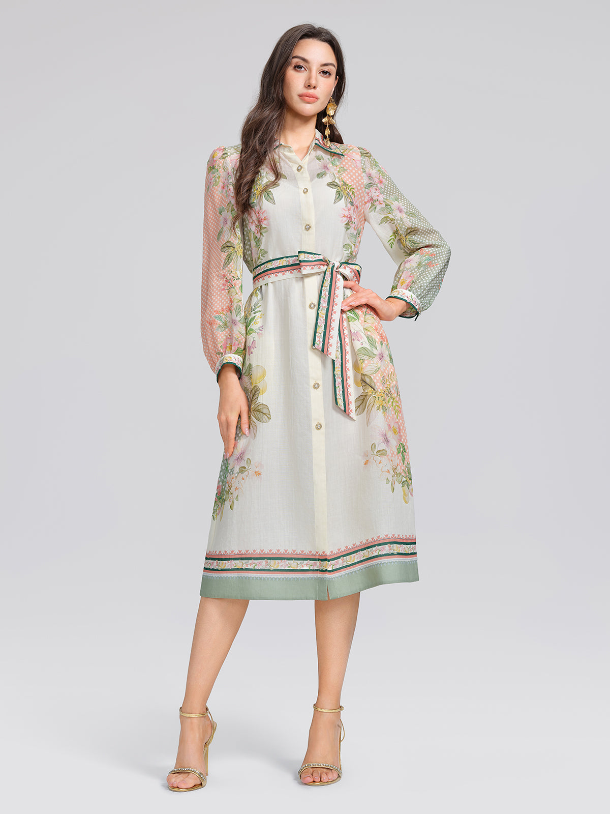 Ramie Floral Polka Dot Patchwork Lapel Button Shirt Dress