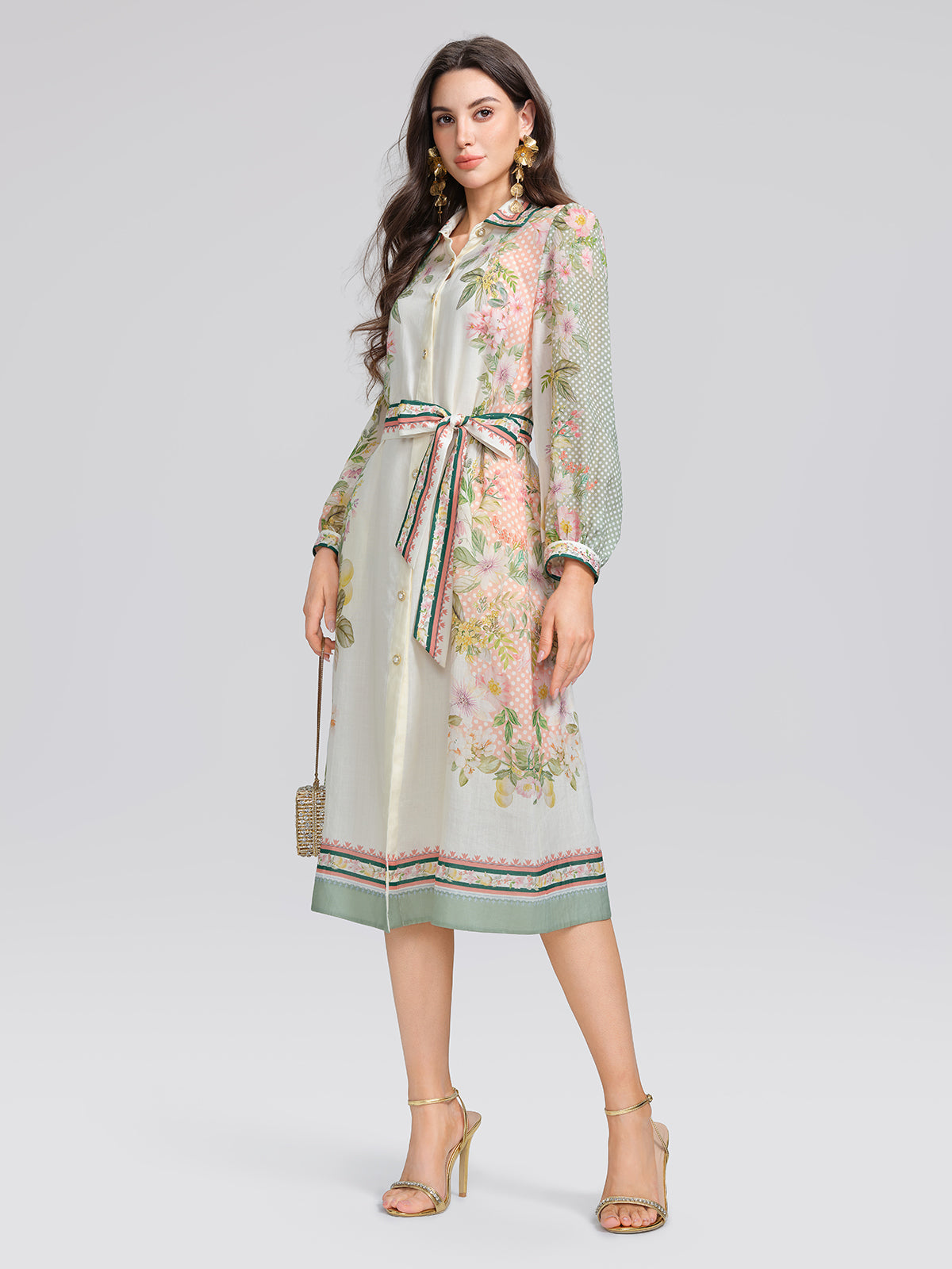 Ramie Floral Polka Dot Patchwork Lapel Button Shirt Dress