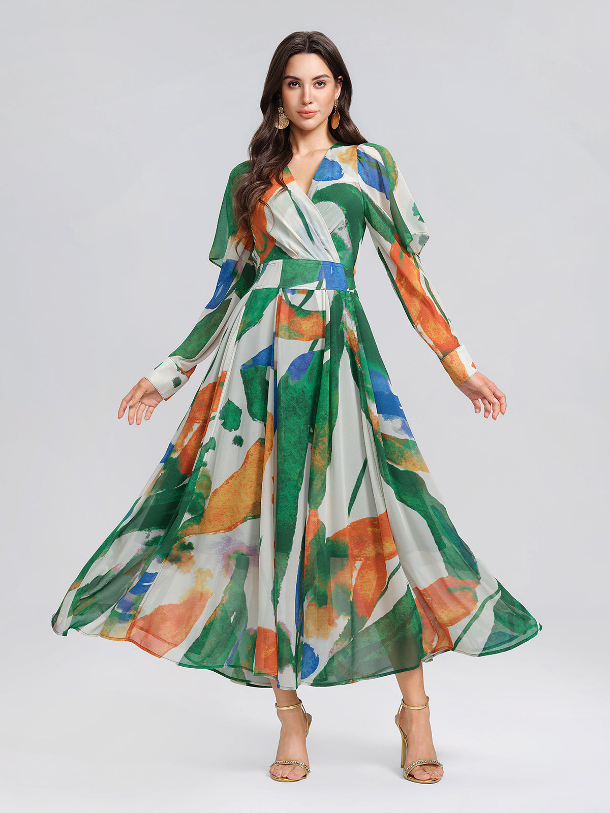V-Neck Painterly Print Batwing Sleeve Dress