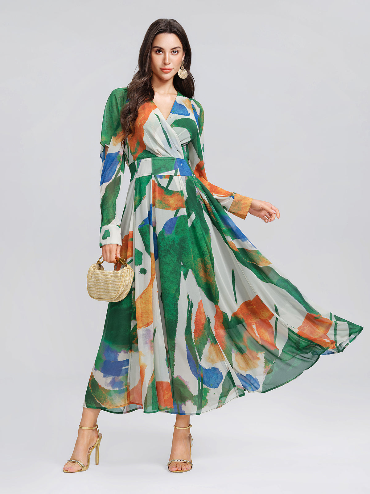 V-Neck Painterly Print Batwing Sleeve Dress