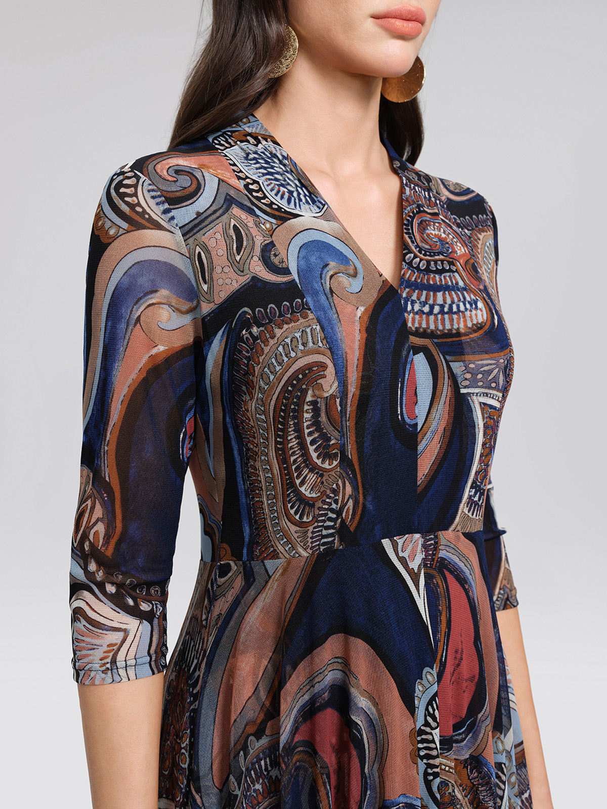 Stretch Mesh Retro Paisley Print High-waist A-line Dress