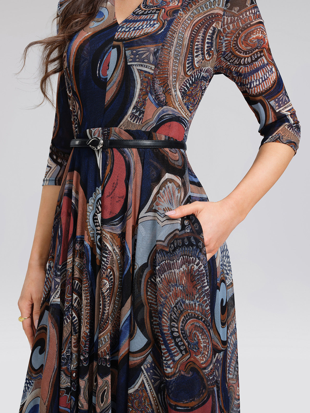 Stretch Mesh Retro Paisley Print High-waist A-line Dress