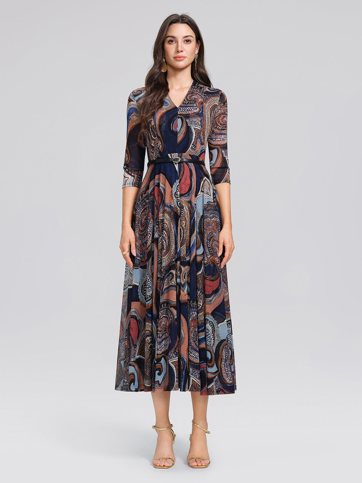 Stretch Mesh Retro Paisley Print High-waist A-line Dress