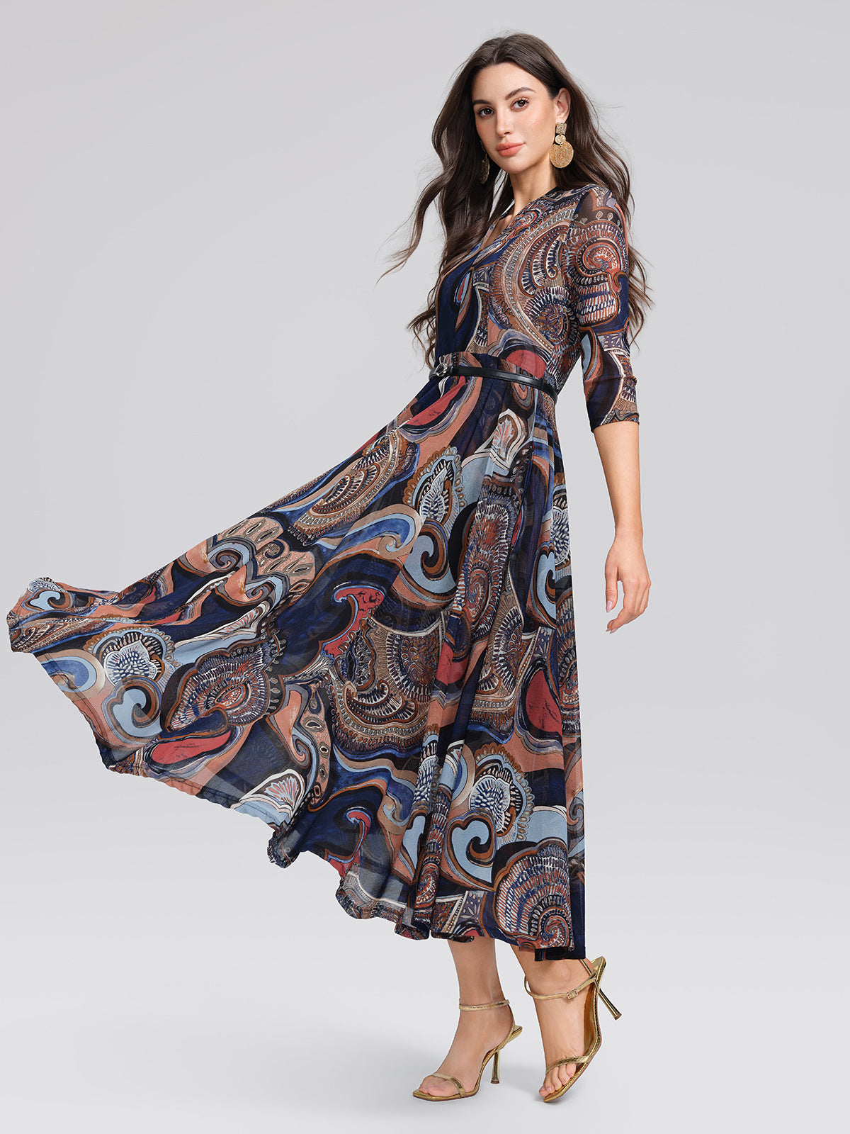 Stretch Mesh Retro Paisley Print High-waist A-line Dress