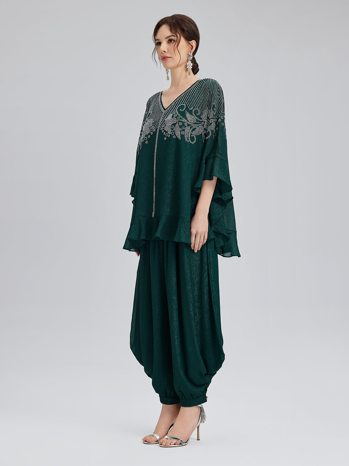 Final Sale | Silver-threaded Chiffon Gathered Carrot Pants