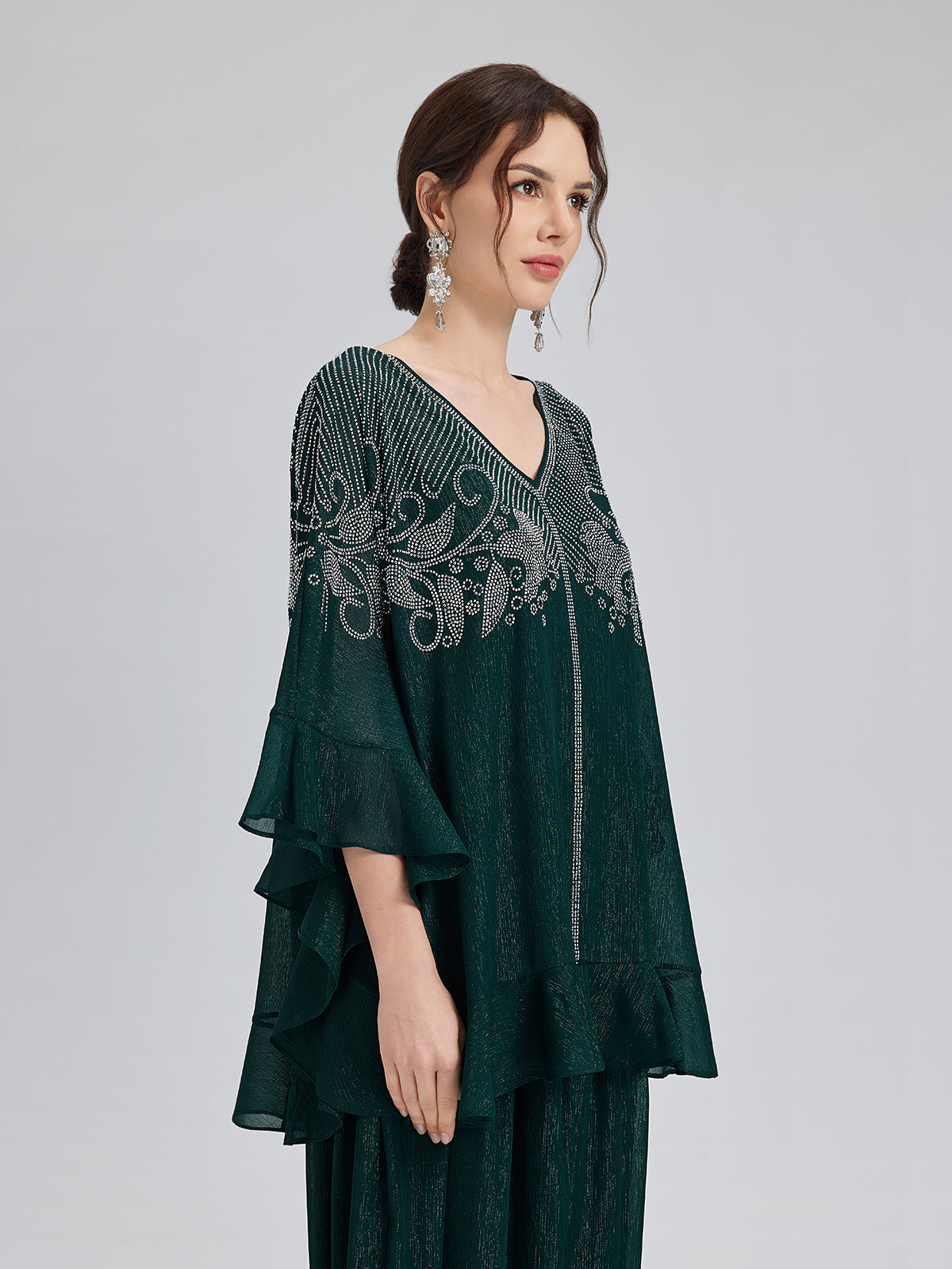 Final Sale | Metallic Chiffon Rhinestone V-Neck Top