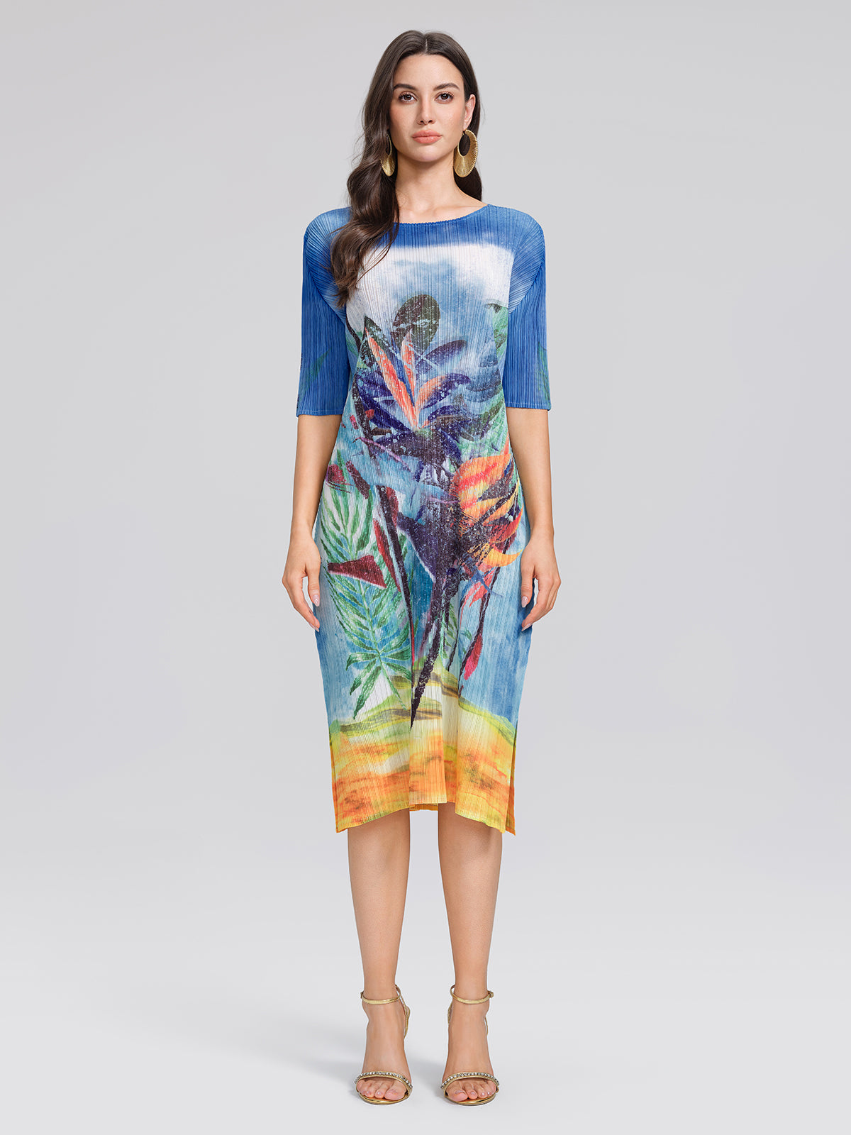 Hand Pleated All-over Watercolor Print Textured Draped Dress
