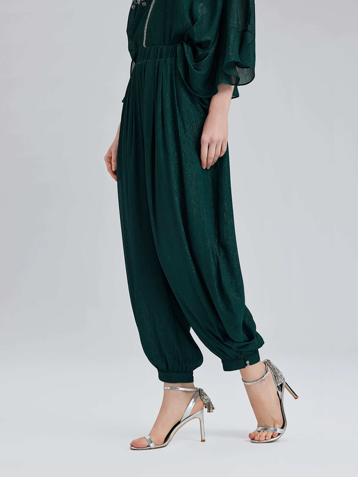 Final Sale | Silver-threaded Chiffon Gathered Carrot Pants