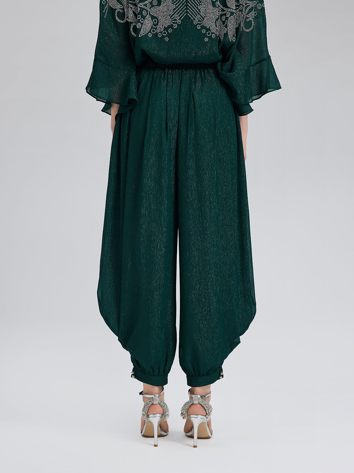 Silver-threaded Chiffon Gathered Carrot Pants