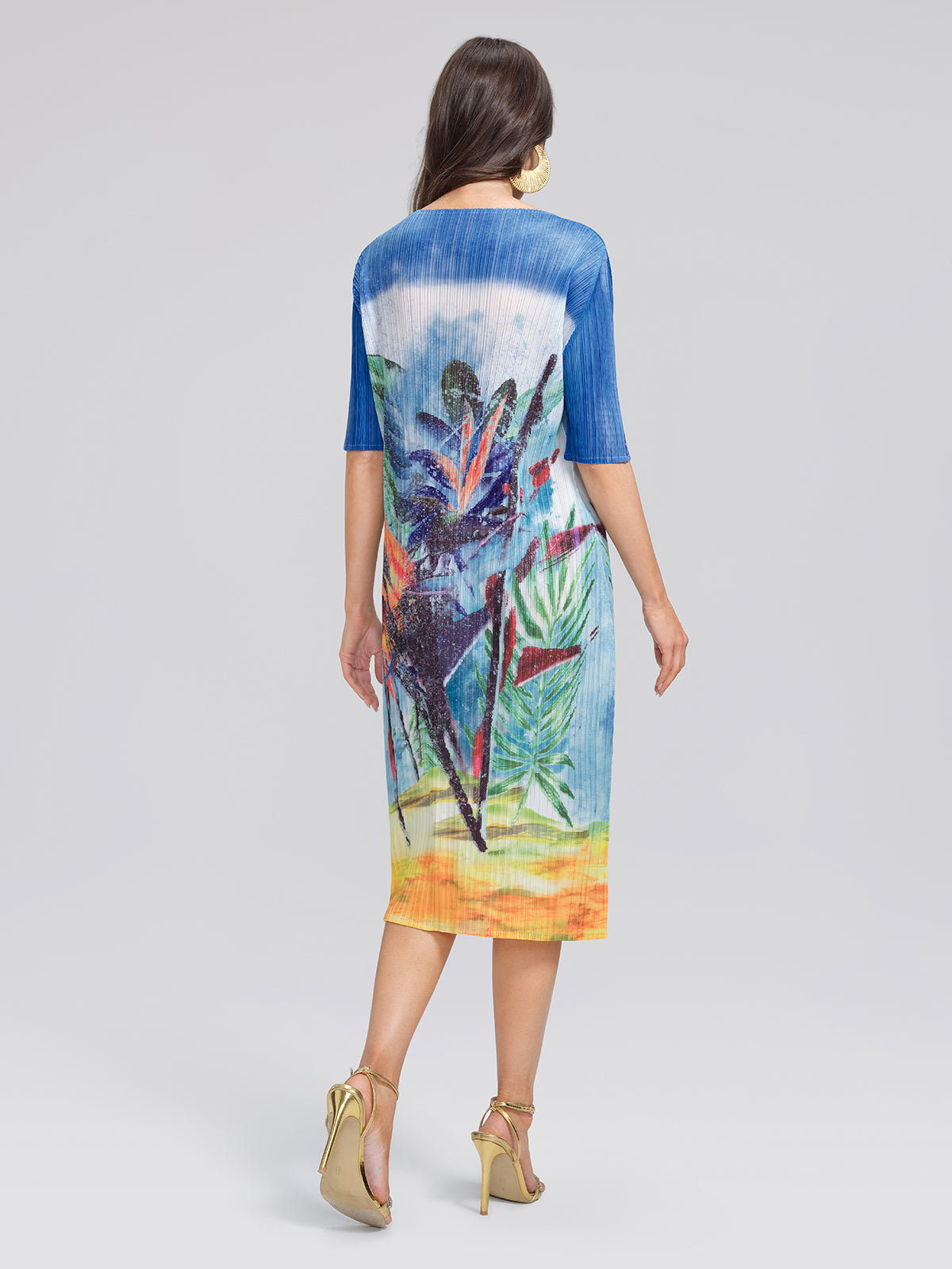 Hand Pleated All-over Watercolor Print Textured Draped Dress