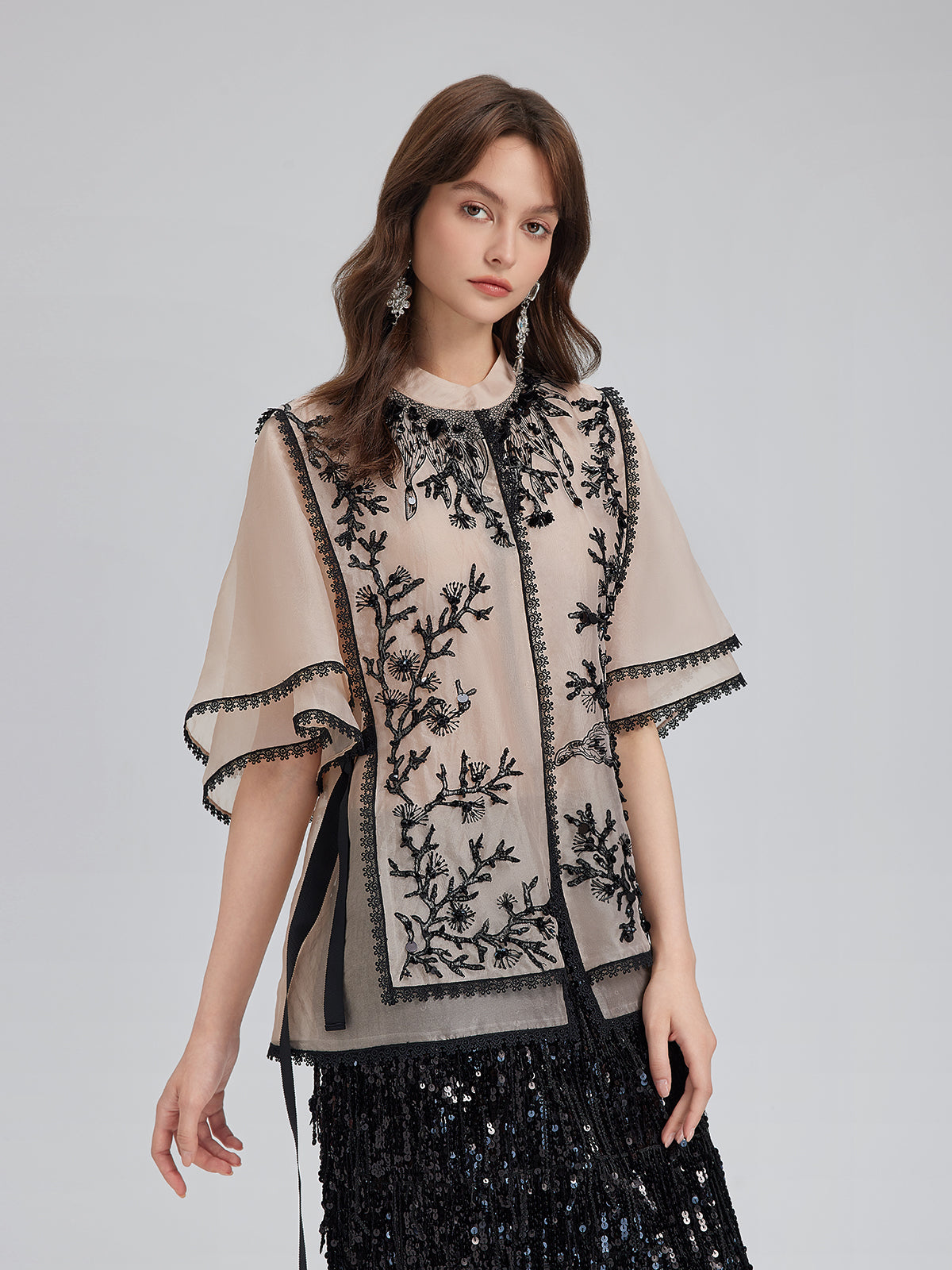 Silk Appliqué Beaded Layered-look Top
