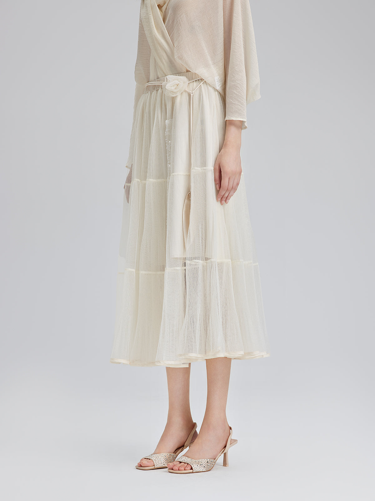 Pleated Mesh Elastic Waist Skirt