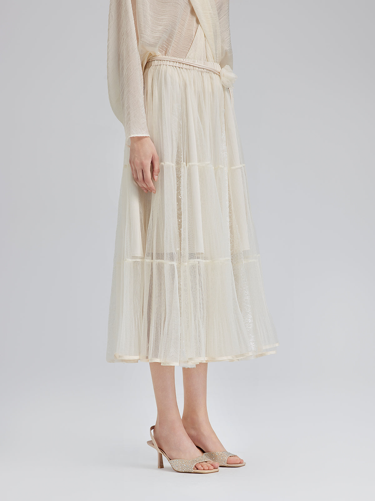Pleated Mesh Elastic Waist Skirt