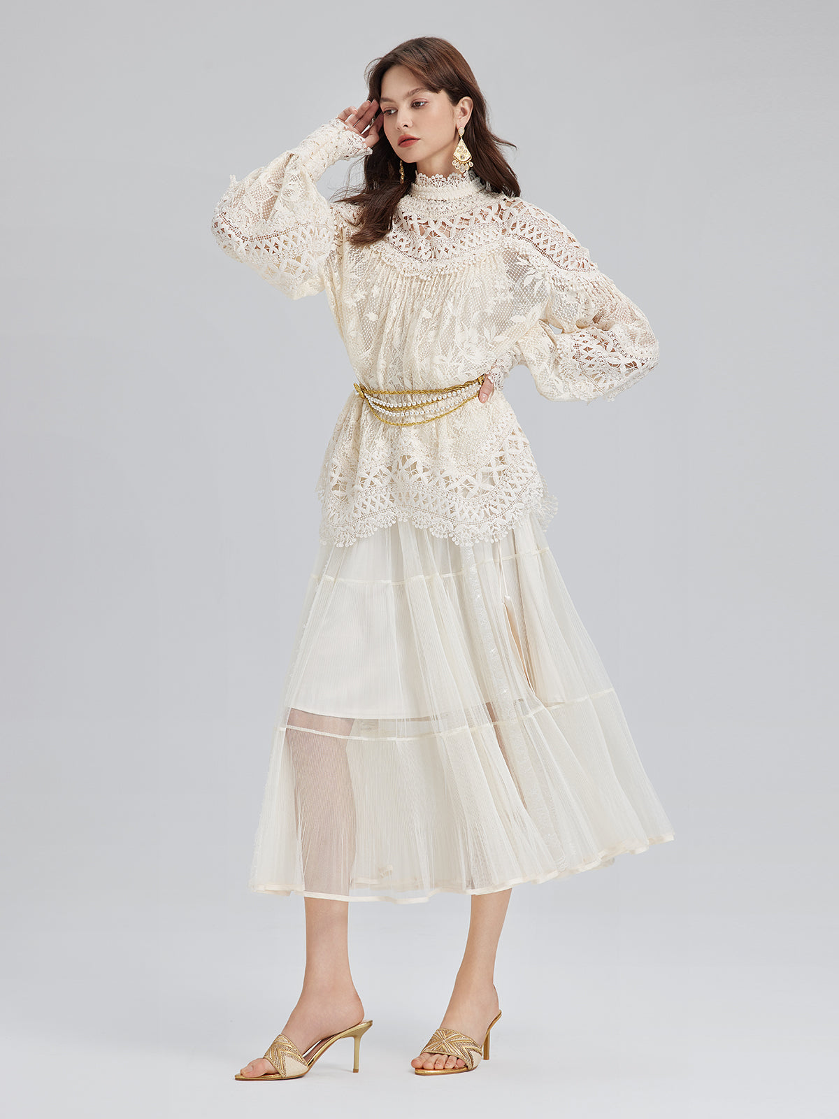 Pleated Mesh Elastic Waist Skirt