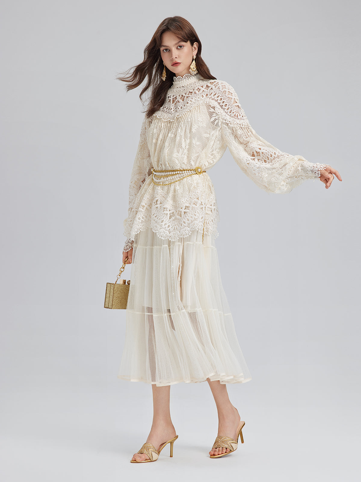 Pleated Mesh Elastic Waist Skirt