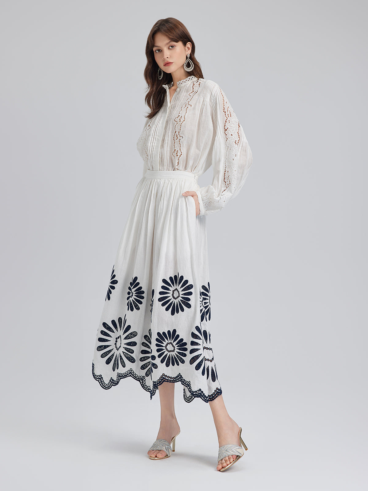 Pleated Hollow Embroidered Blouse