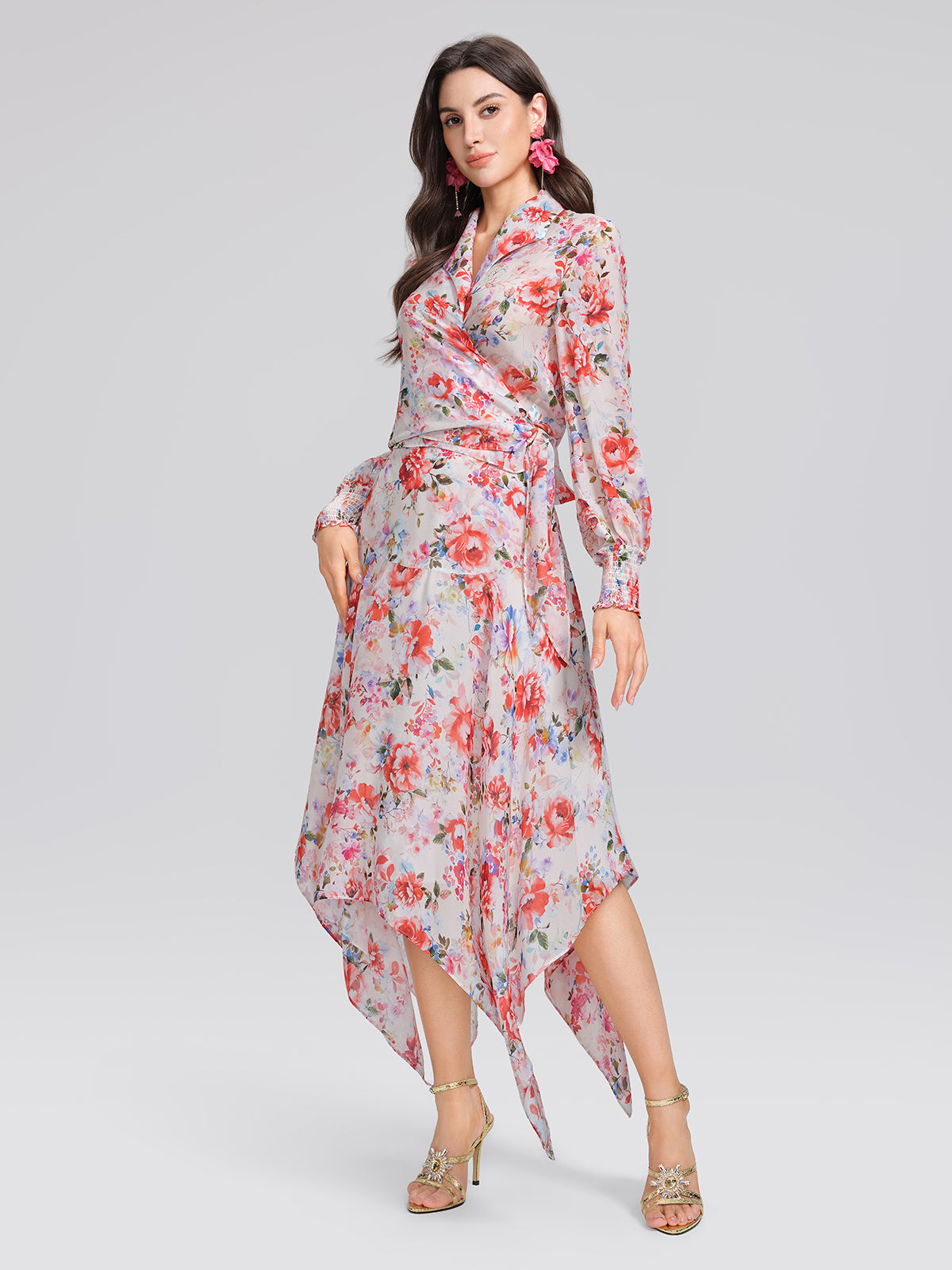 100% Silk Floral V-Neck Tie Elastic Ruffle Cuff Top