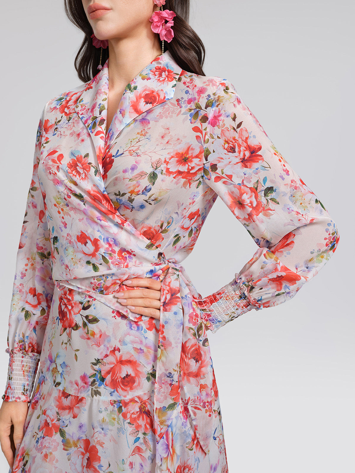 100% Silk Floral V-Neck Tie Elastic Ruffle Cuff Top