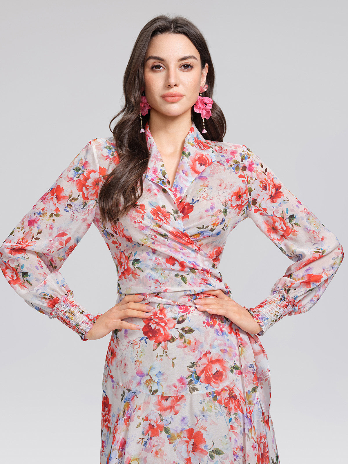 100% Silk Floral V-Neck Tie Elastic Ruffle Cuff Top