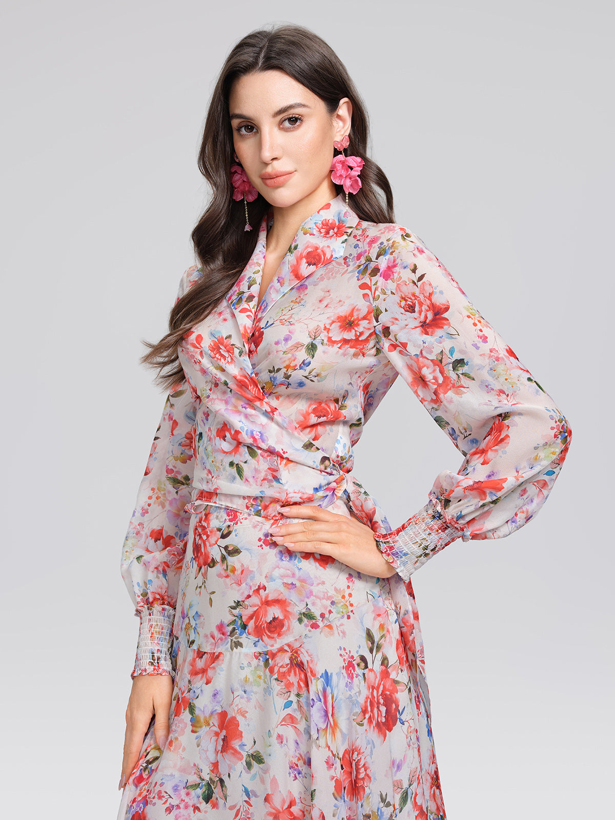 100% Silk Floral V-Neck Tie Elastic Ruffle Cuff Top