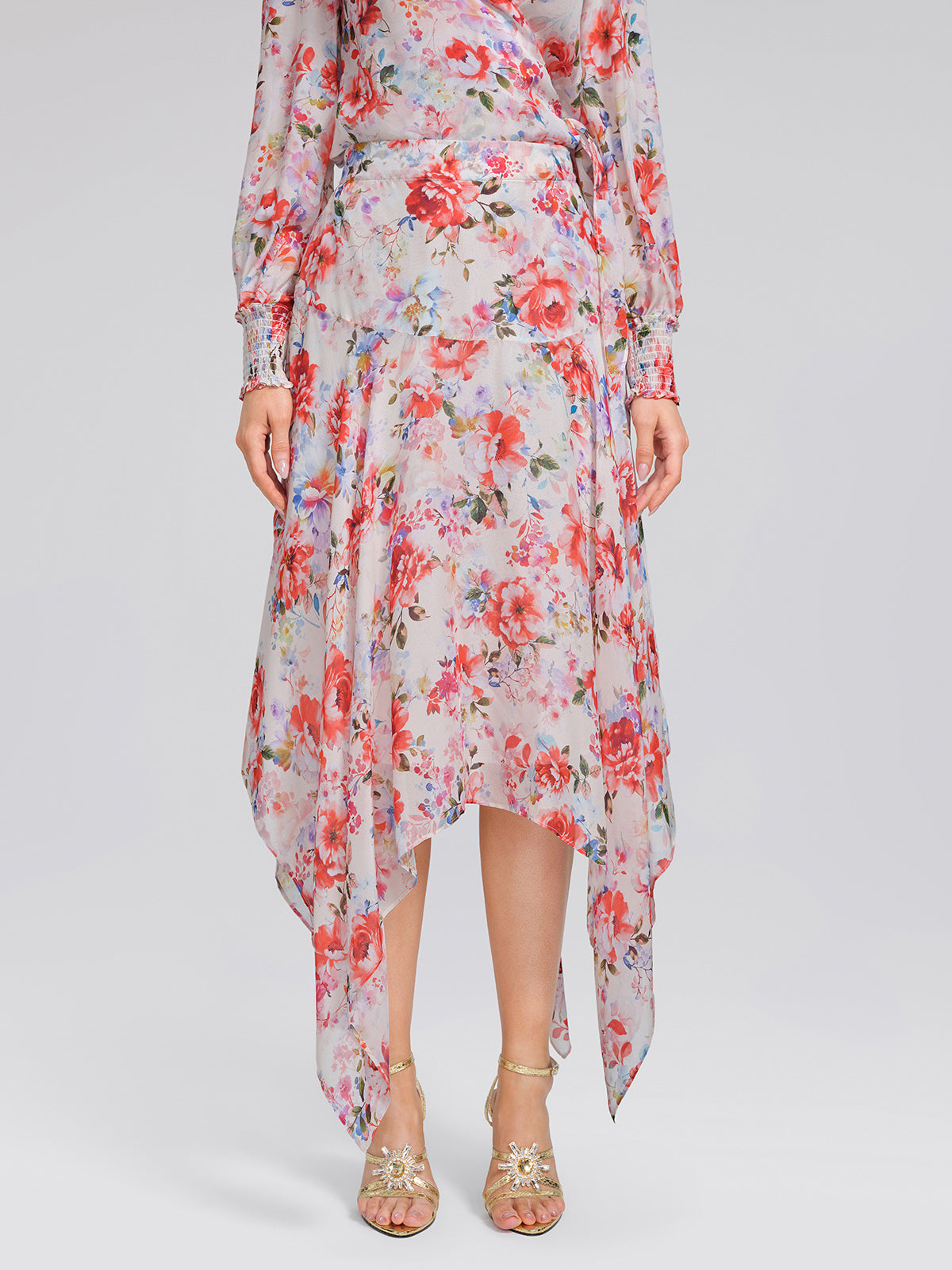 Silk Floral Asymmetric Hem Skirt