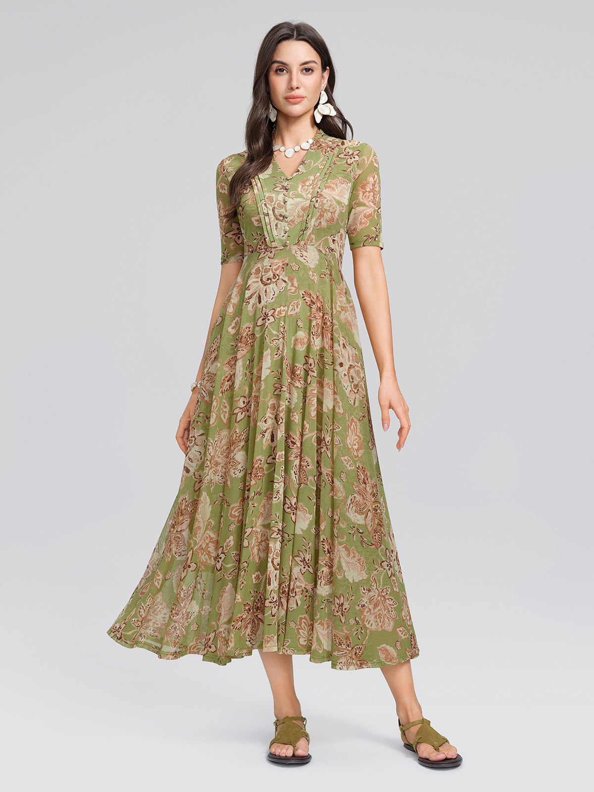 Stretch Print V-neck Pleated Belted Flare Dress (Belt Included)