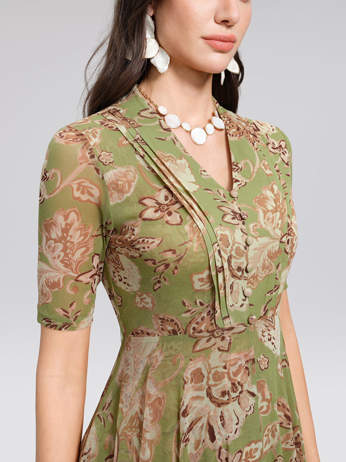 Stretch Print V-neck Pleated Belted Flare Dress (Belt Included)