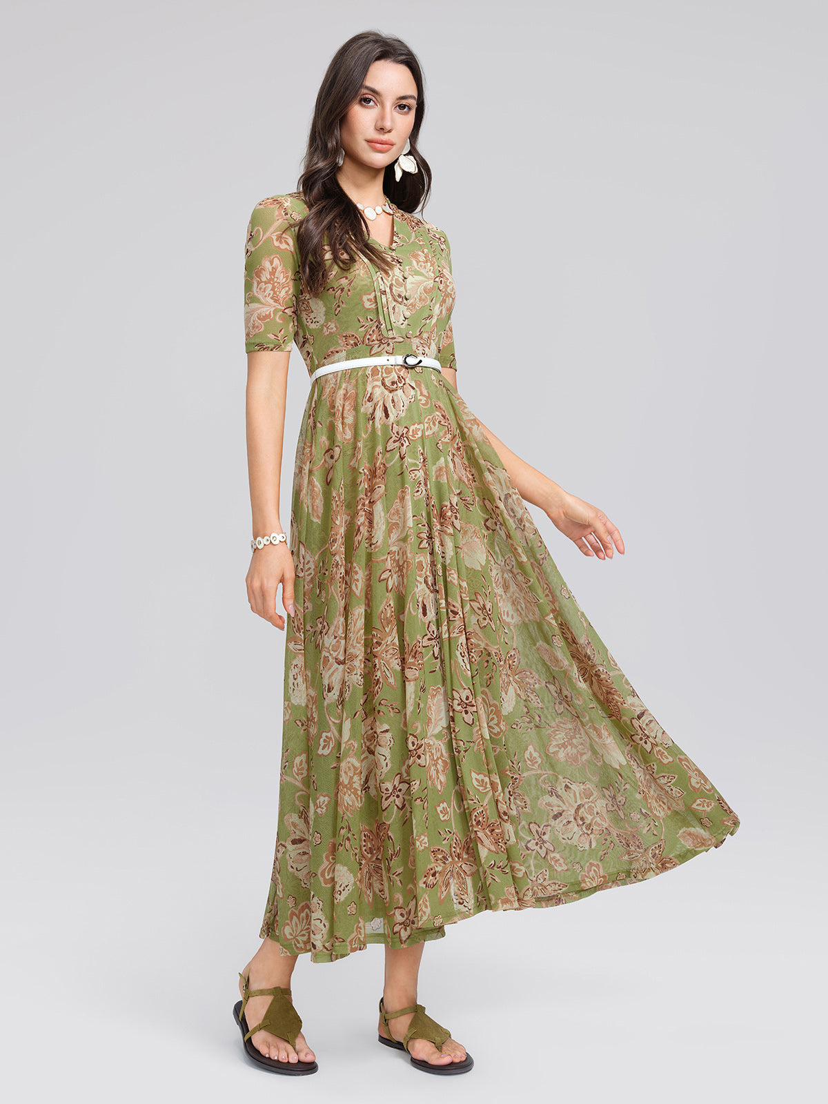 Stretch Print V-neck Pleated Belted Flare Dress (Belt Included)